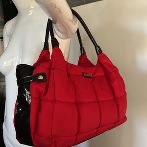 Kate Spade Red Quilted Brown Patent Leather Zip Shoulder Tote Bag